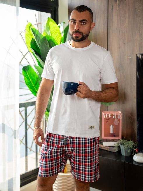 Men summer pajama set White T-shirt + Red X Dark Blue Checkered Short